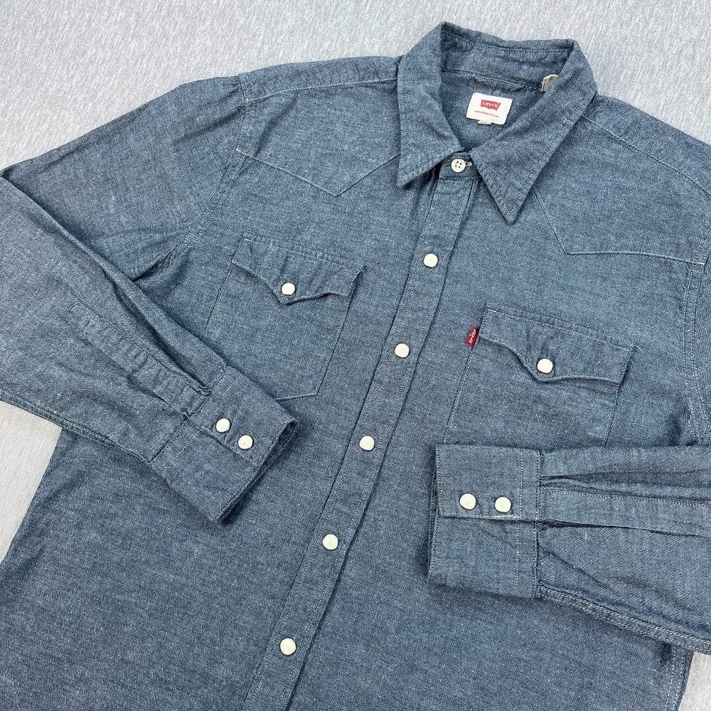 Levi's Western Pearl Snap Shirt Mens M Blue Chambray Long Sleeve Cowboy Work